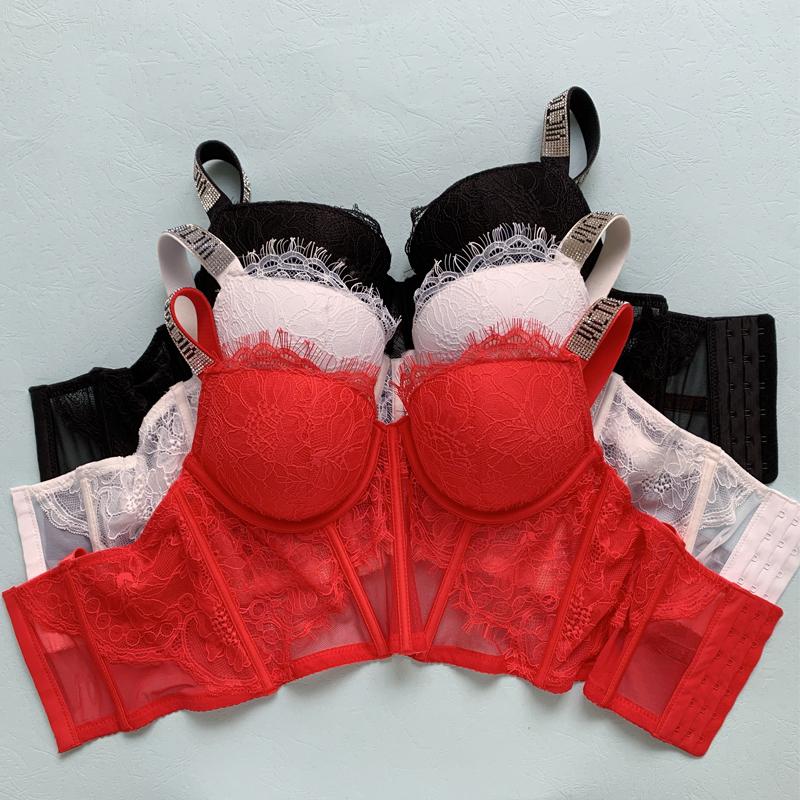 Áo Ngực Ren Chữ Cái Áo Ngực Đúc Đồ Lót Nữ Push Up Ren Gợi Cảm Nữ Bralette Hồng Áo Lót Dây Chéo Top