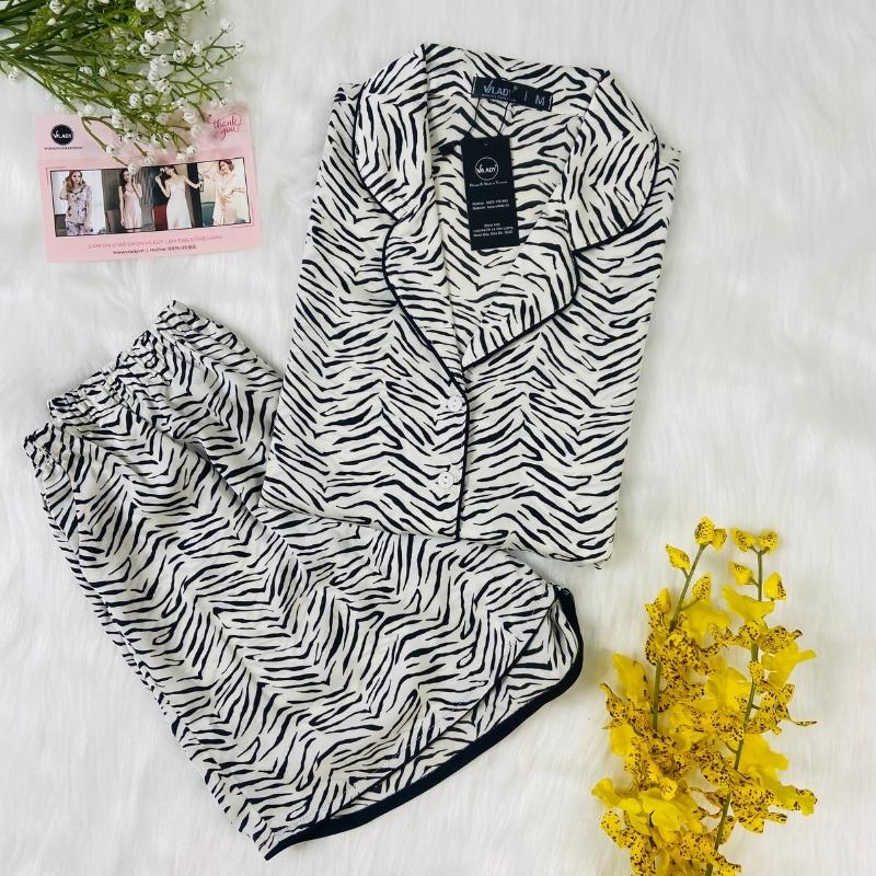 Đồ bộ mặc nhà nữ Pijama lụa VILADY - B136 kiểu đồ bộ ngắn họa tiết vằn đen siêu dễ thương, chất liệu lụa Pháp ( lụa latin)