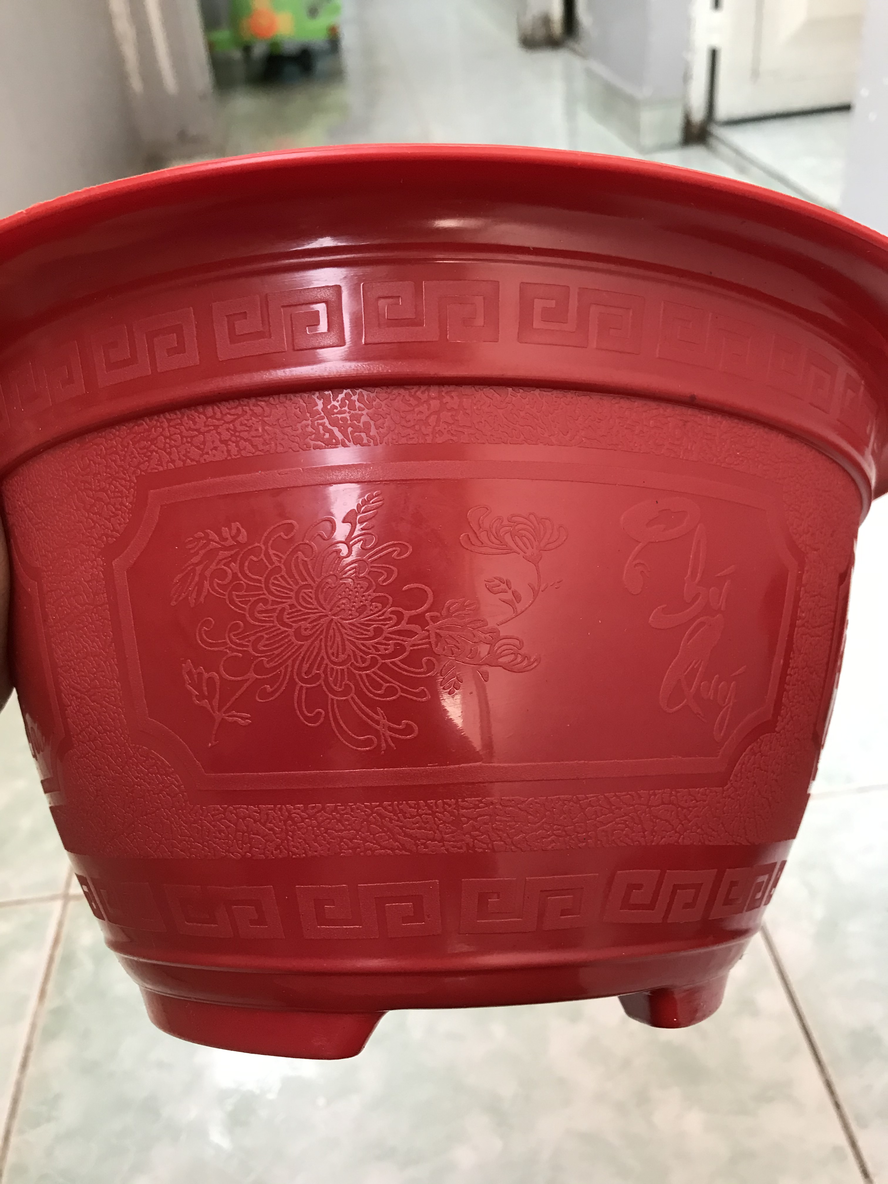 Combo 5 chậu trồng cây Farm House có hoa văn tài lộc - Màu đỏ