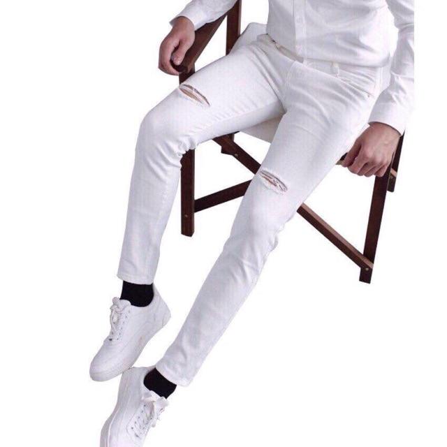 Quần jeans nam trắng rách gối cao cấp