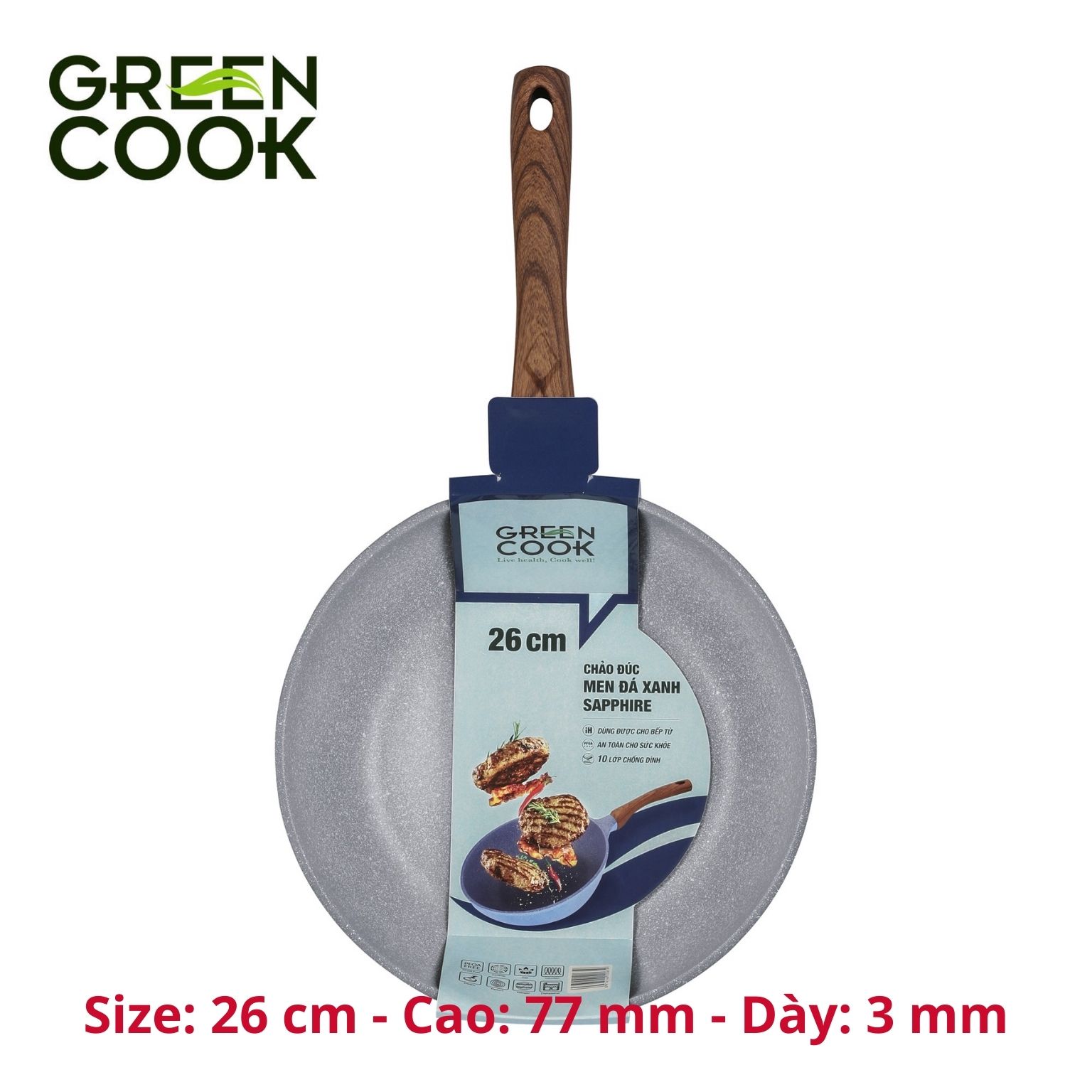 Chảo chống dính đáy từ, chảo đúc men đá xanh sapphire Green Cook GCP09 công nghệ Hàn Quốc_Hàng chính hãng