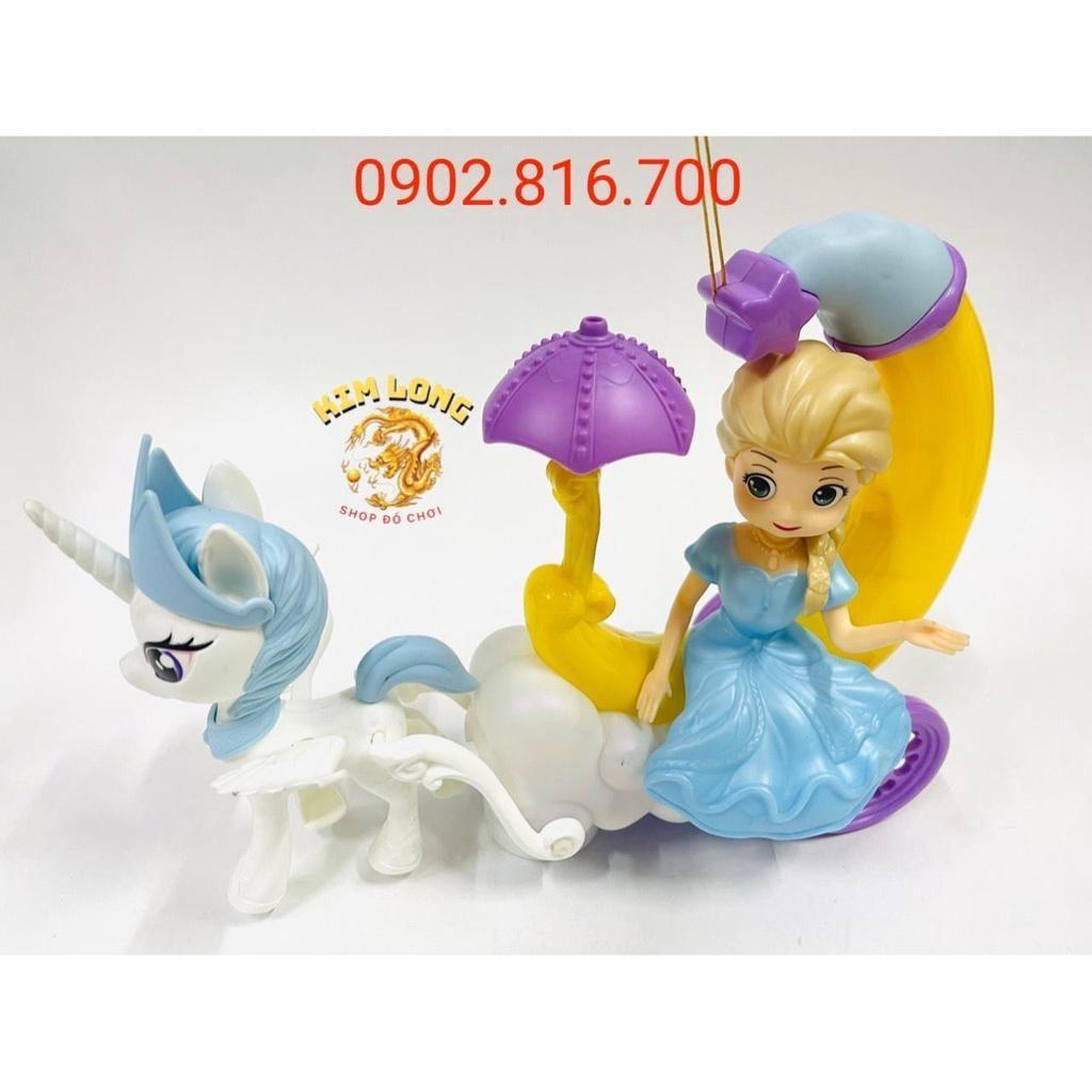 Đồ chơi lồng đèn trung thu cho bé gái hình NGỰA PONY KÉO XE CHỞ CÔNG CHÚA SOFIA VÀ ELSA tặng pin nhạc đèn