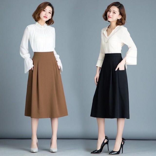 Chân váy nữ dáng dài, Chân váy midi công sở có túi- màu nâu-đen