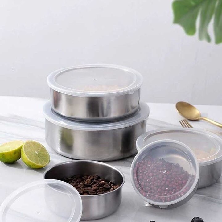 Bộ 5 Bát Inox Đựng Thực Phẩm, Hoa Quả Đủ Kích Thước Siêu Bền Có Nắp Đậy Tiện Lợi,