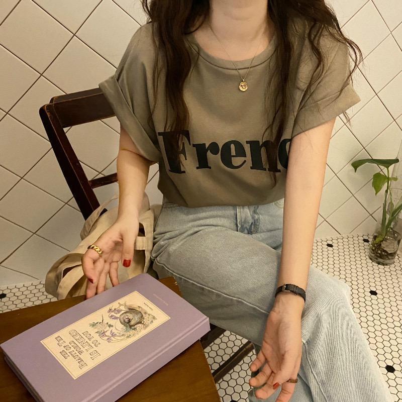 MS6717 Áo thun nữ cổ tròn vai hến in chữ French chất liệu cotton thấm hút mồ hôi