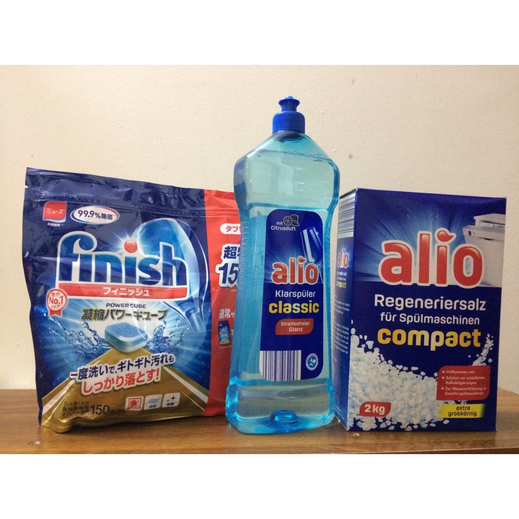 Combo Muối Alio 2kg + Viên rửa bát Finish 150 viên Dùng Cho Máy Rửa Chén Bát