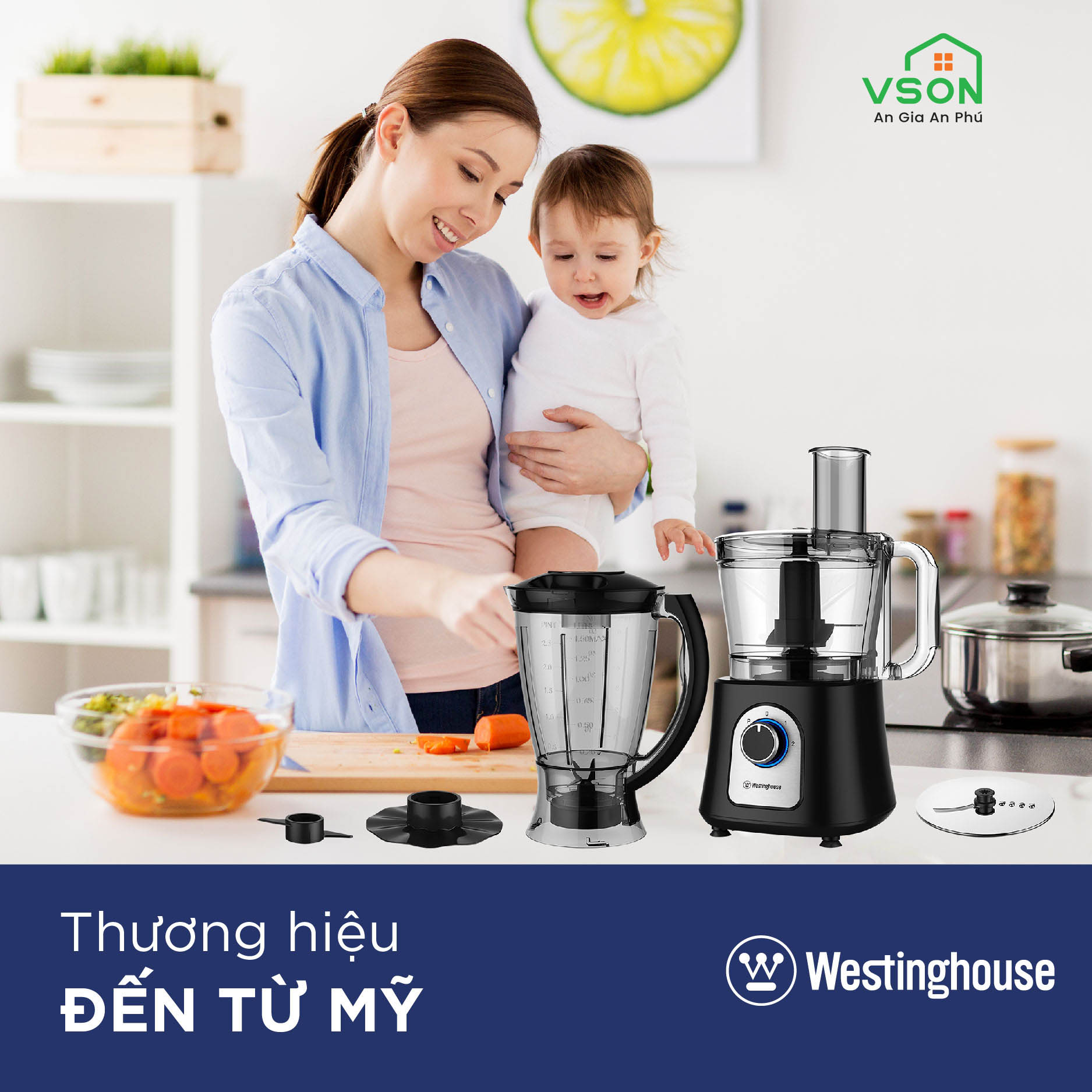 Máy xay đa năng WestingHouse WKFP7730 2 cối 2.8L và 1.5L Công suất 800W xay thịt, sinh tố,  các loại thực phẩm - Hàng chính hãng Mỹ