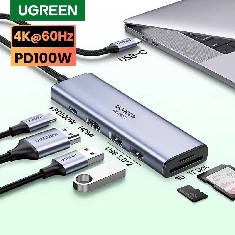 Ugreen 60383 4K 60Hz hdmi + 3x usb3.0 + card reader bộ chuyển hub Usb Type C Multifunction Adapter CM511 hàng chính hãng