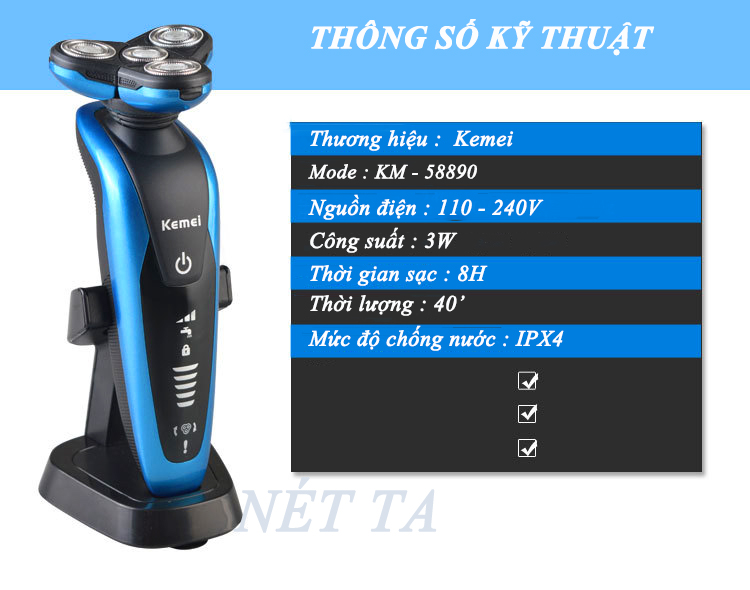 Máy cạo râu 4D chống thấm nước Kemei KM - 58890 đèn báo thông minh đế sạc rời chuyên nghiệp - cạo sát - không đau