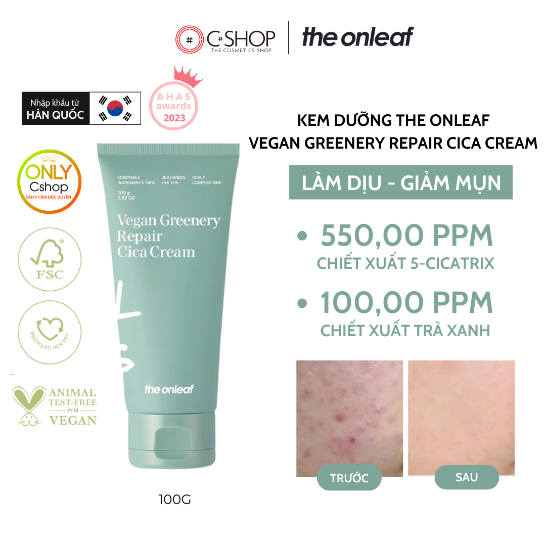 Kem dưỡng làm dịu da giúp sáng da The Onleaf Vegan Greenery Repair Cica Cream 100g