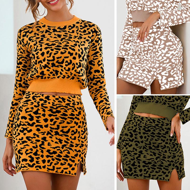 Fashion Women Knitted Mini Skirt Leopard Elastic High Waist Slit Front Slim Autumn Winter Casual Short Skirt