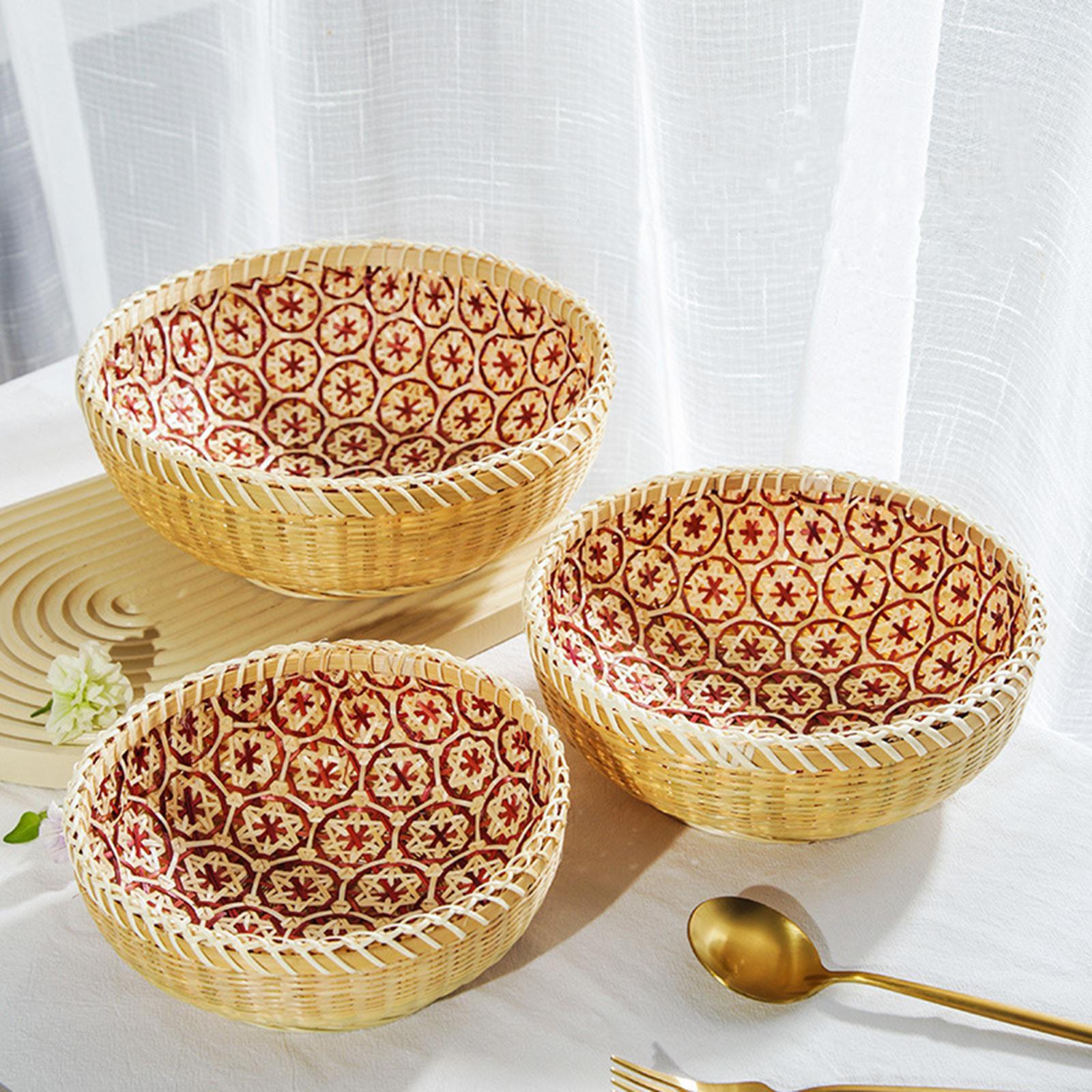 3x Bamboo Woven Basket Rattan Storage Basket Fruit Basket Food Serving Basket for Restaurant, Pantry, Kitchen Organizing