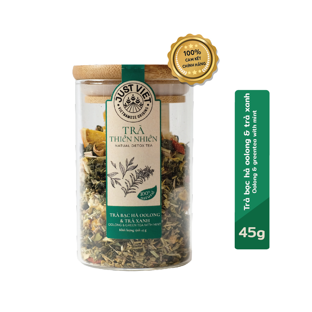 Trà Hoa Thiên Nhiên Detox Just Viet - Trà Bạc Hà Oolong & Trà xanh - Thanh Lọc - Tốt Cho Sức Khỏe - Túi 45g