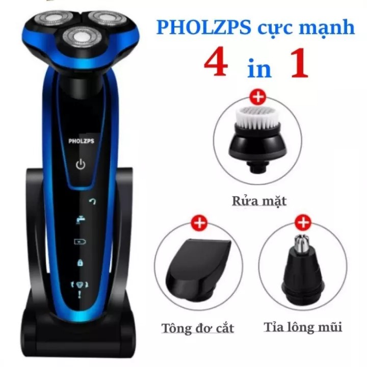 Máy cạo râu đa năng 4 in 1 PHOLZPS thế hệ mới - Máy cạo râu nam cao cấp kèm 4 đầu chức năng cạo râu, cắt tỉa lông mũi, cạo tóc mai, rửa mặt - Máy cạo râu cầm tay 3 lưỡi tháo lắp, vệ sinh dễ dàng