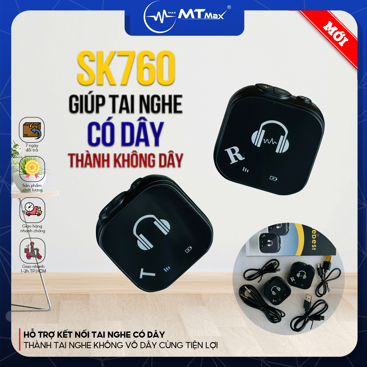 Đầu Thu Tai Nghe Không Dây ELEBEST SK760 - Giúp Tai Nghe Có Dây Thành Tai Nghe Không Dây Wireless Cao Cấp, Thiết Kế Nhỏ Gọn, Dung Lượng Pin Lớn, Hàng Nhập Khẩu