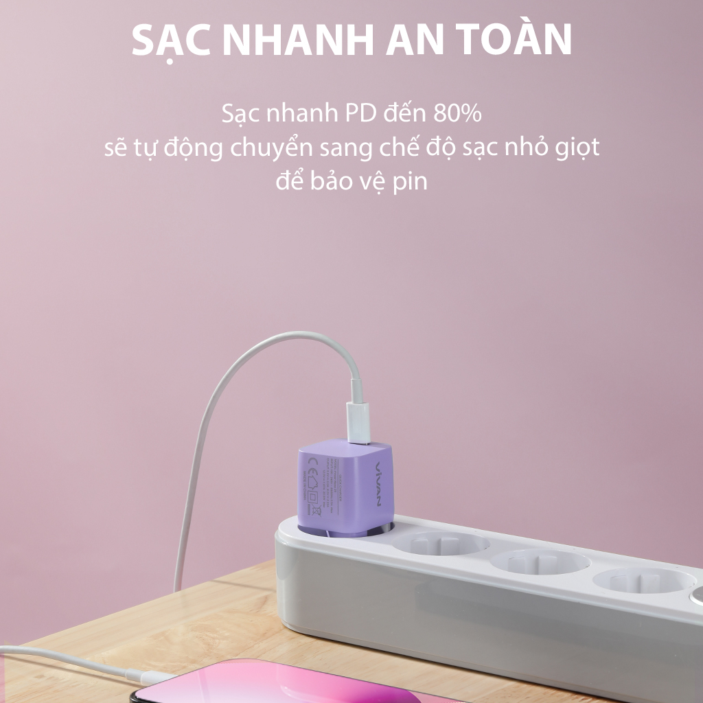 Cốc sạc VIVAN Power Nano 20 Sạc nhanh 20W chuẩn 3A Type-C Hàng Chính Hãng