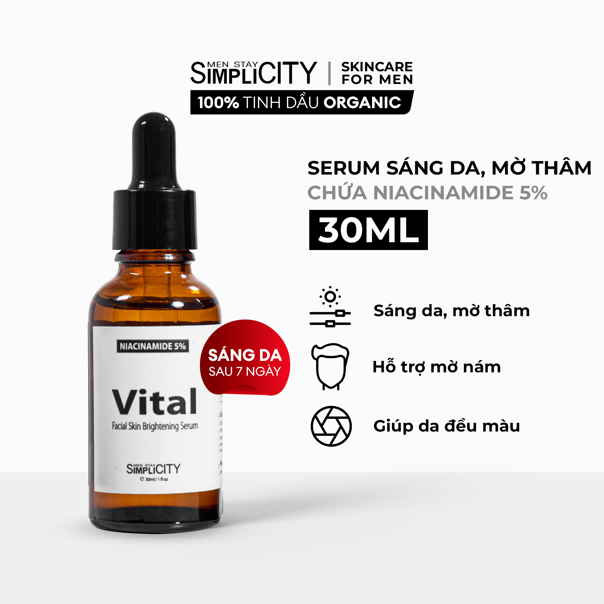 Bộ serum Men Stay Simplicity giảm mụn, làm dịu, sáng da, mờ thâm, thu nhỏ lỗ chân lông cho nam Niacinamide 5% + Zinc PCA 1% 2x30ml