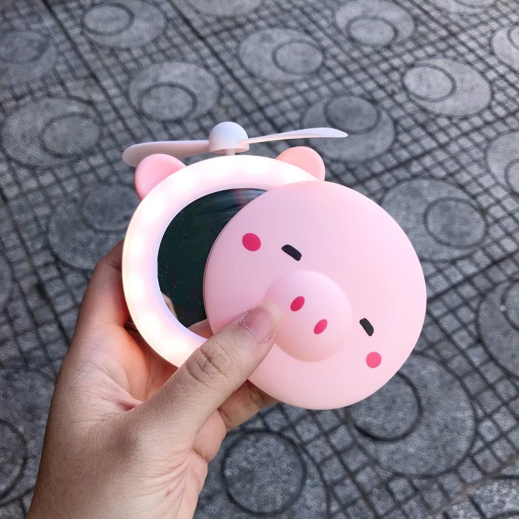 Quạt cầm tay mini Hình Heo có gương và đèn led selfie siêu dễ thương