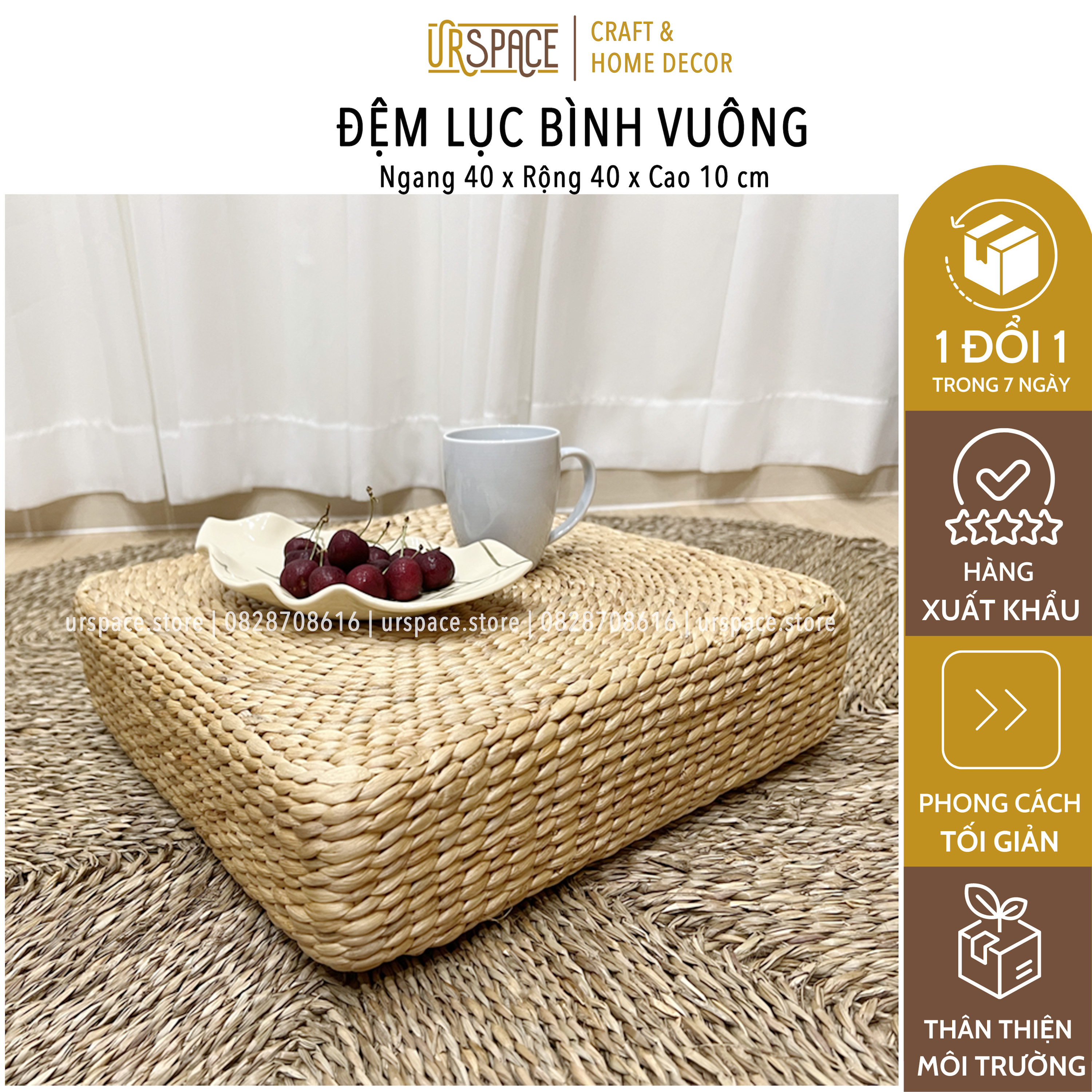 Đệm ngồi thiền đệm cói hình vuông phong cách Nhật/ Seagrass Meditation Cushion Natural Color