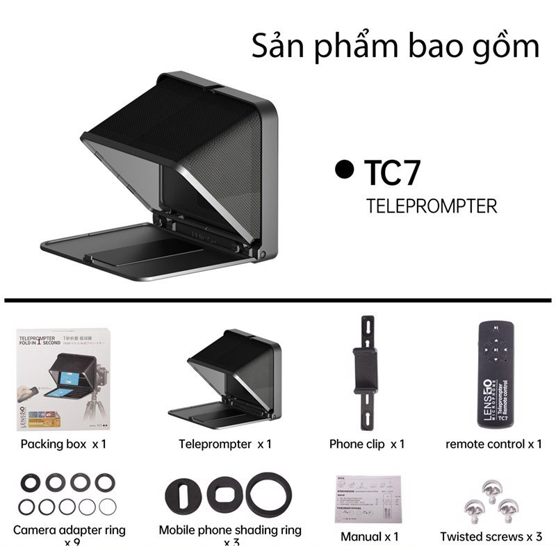 Lensgo Teleprompter TC7 - Máy Nhắc Chữ Mini Cho Biên Tập Viên, MC Truyền Hình, Kích Thước Nhỏ Gọn, Dùng Cho Điện Thoại, Máy Ảnh - Hàng Chính Hãng