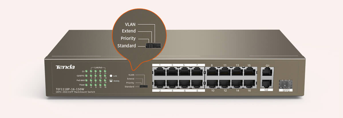 Switch With 16-Port PoE Tenda TEF1118P-16-150W-hàng chính hãng