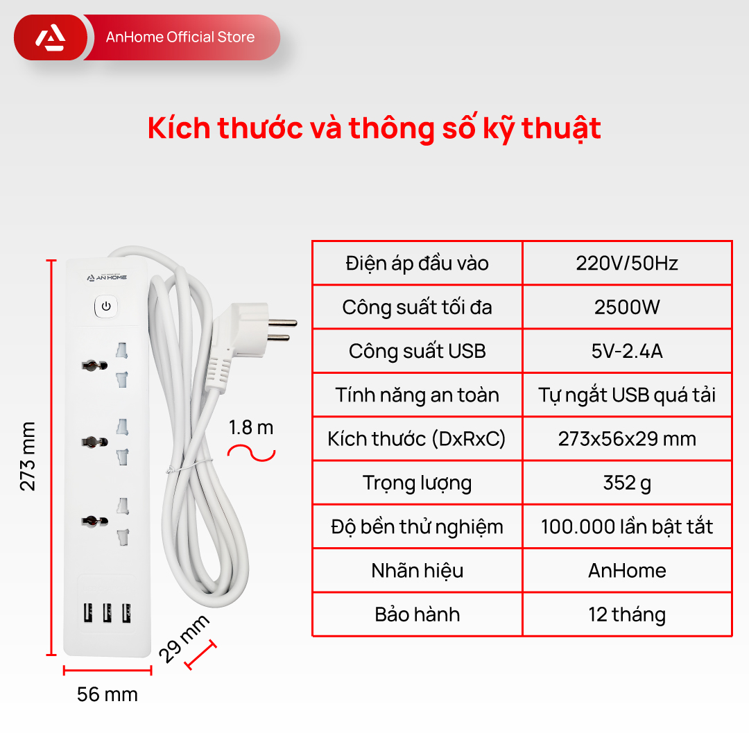 Ổ cắm điện đa năng 2500W AnHome G Series tích hợp USB-TypeC 12W, thiết kế sang trọng, chất liệu chống cháy lan