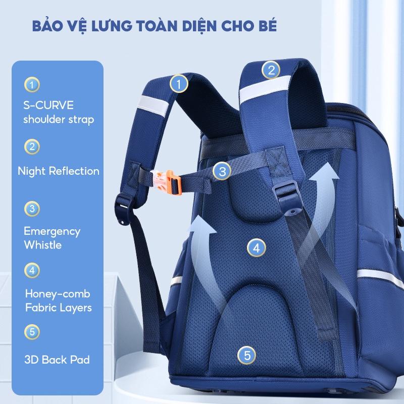 Balo chống gù cho bé đi học tiểu học form hộp đứng nhiều ngăn vải Oxford cao cấp BF18-138L - Xanh Da Trời