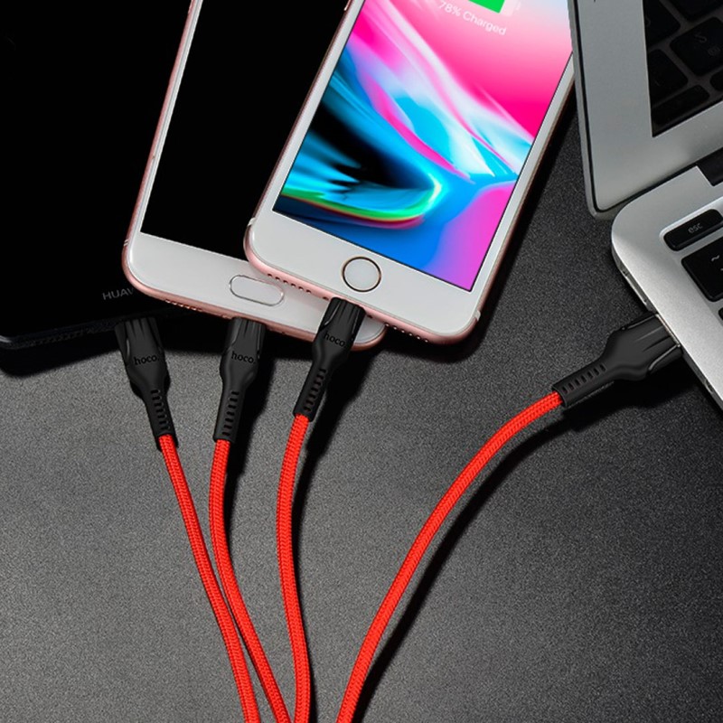 Cáp sạc đa năng 3 đầu Lightning, Micro usb, TypeC Hoco U31 - Hàng chính hãng