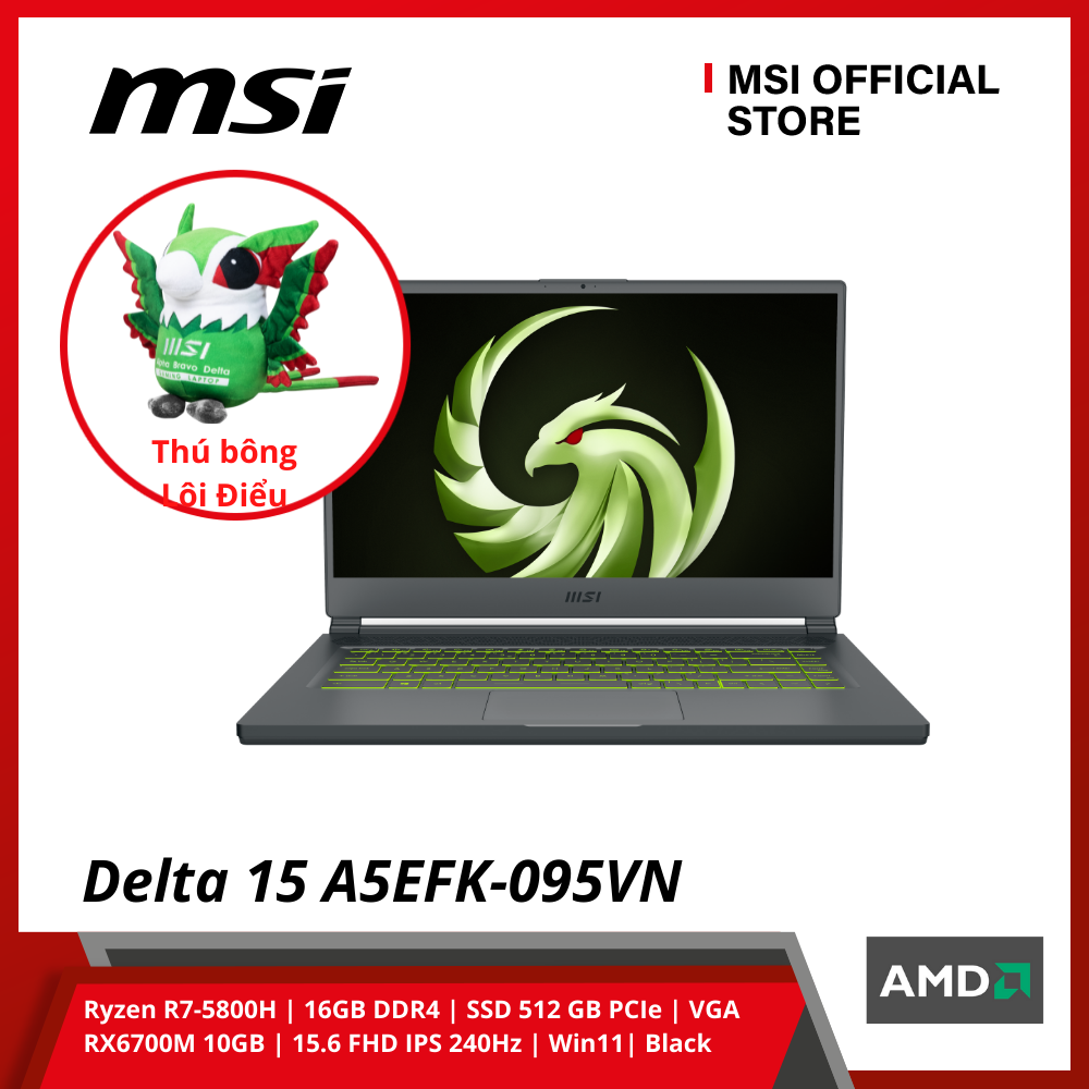 Laptop MSI Gaming Delta 15 A5EFK-095VN (Ryzen R7-5800H | 16GB DDR4 | SSD 512 GB PCIe | VGA RX6700M 10GB | 15.6 FHD IPS 240Hz | Win11| Black) - Hàng Chính Hãng