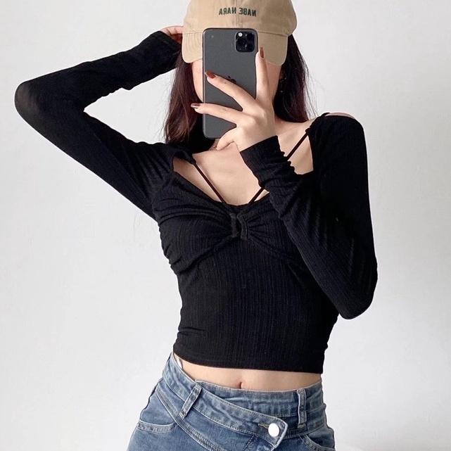 Áo croptop nữ dài tay HAGA áo khoét ngực luồn dây ALDN60