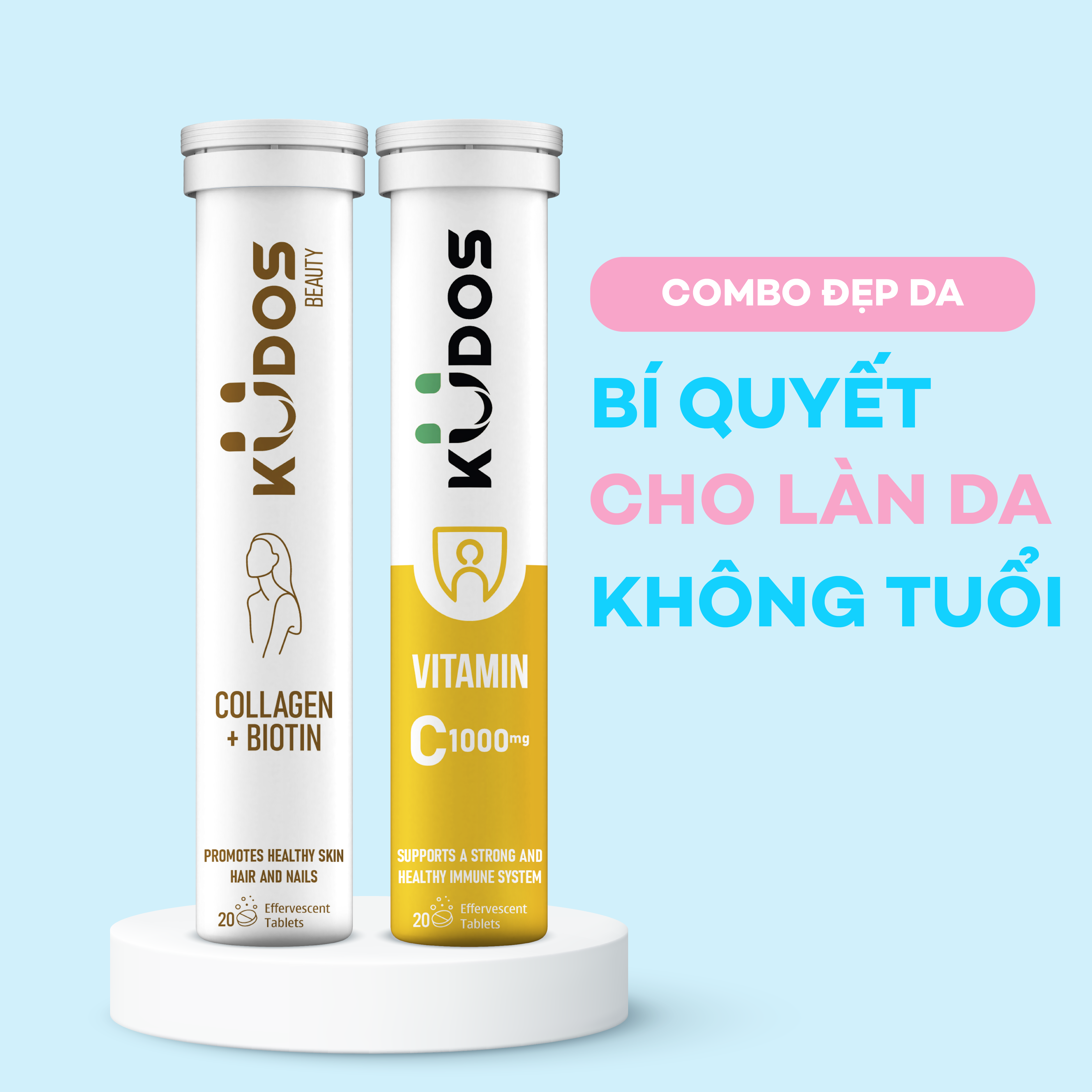 Combo Đẹp Da - Viên Sủi KUDOS VITAMIN C 1000mg + Viên Sủi Collagen + Biotin KUDOS BEAUTY