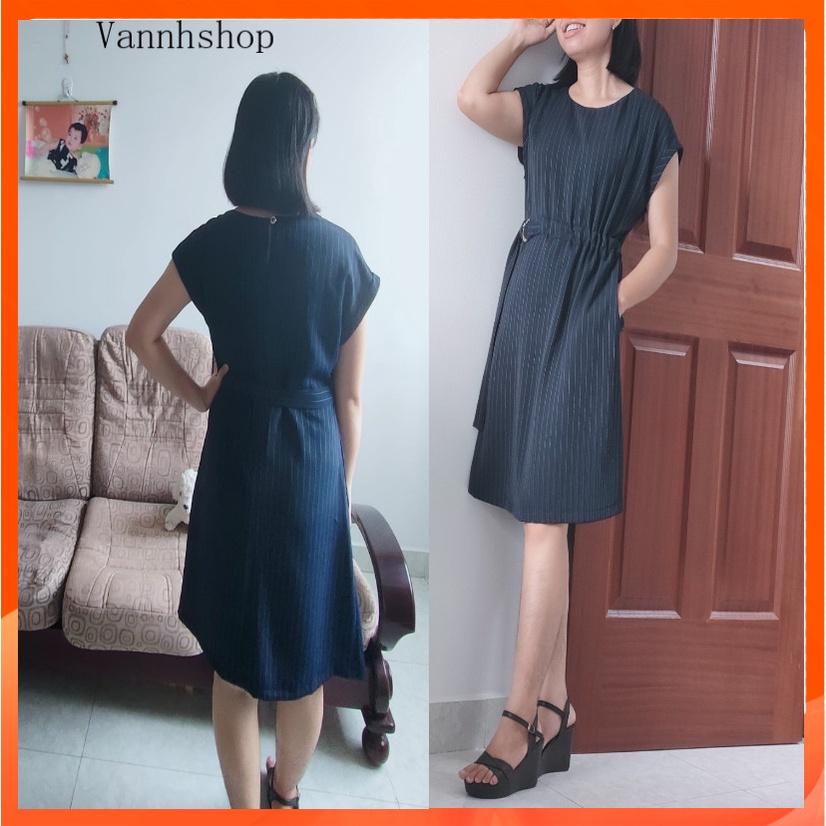Đầm nữ dáng suông cổ tròn kẻ sọc kèm thắt lưng phong cách công sở -Thiết kế Vannhshop Ms D011