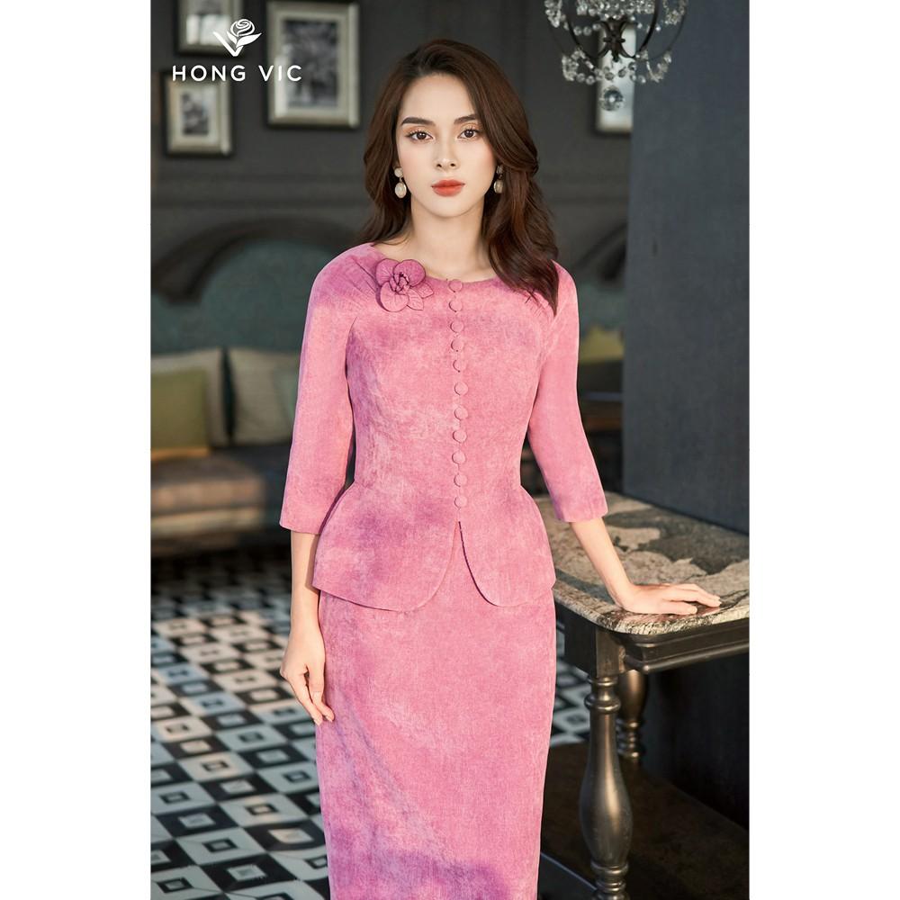 Vest kiểu nữ thiết kế Hongvic nhung hồng tay lỡ AV40
