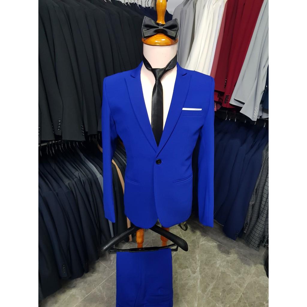 Bộ vest nam màu xanh coban cực chất cực dày mịn tặng kèm combo phụ kiện