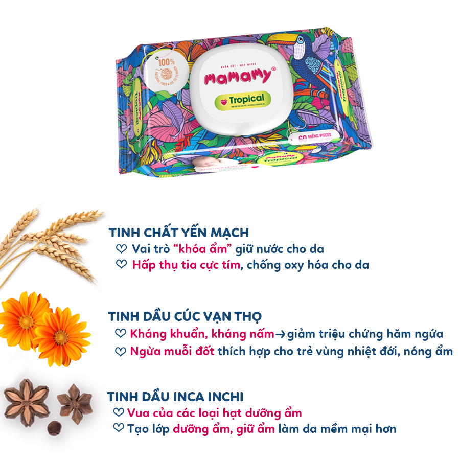 Khăn ướt Tropical Premium tinh dầu cúc vạn thọ/ không mùi - Combo 6 gói có nắp 60 tờ