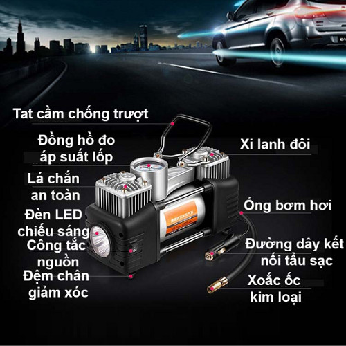 MÁY BƠM LỐP Ô TÔ 2 XI LANH 12V 23A ĐỒNG HỒ CƠ KÈM VALI DỤNG CỤ CHUYÊN NGHIỆP