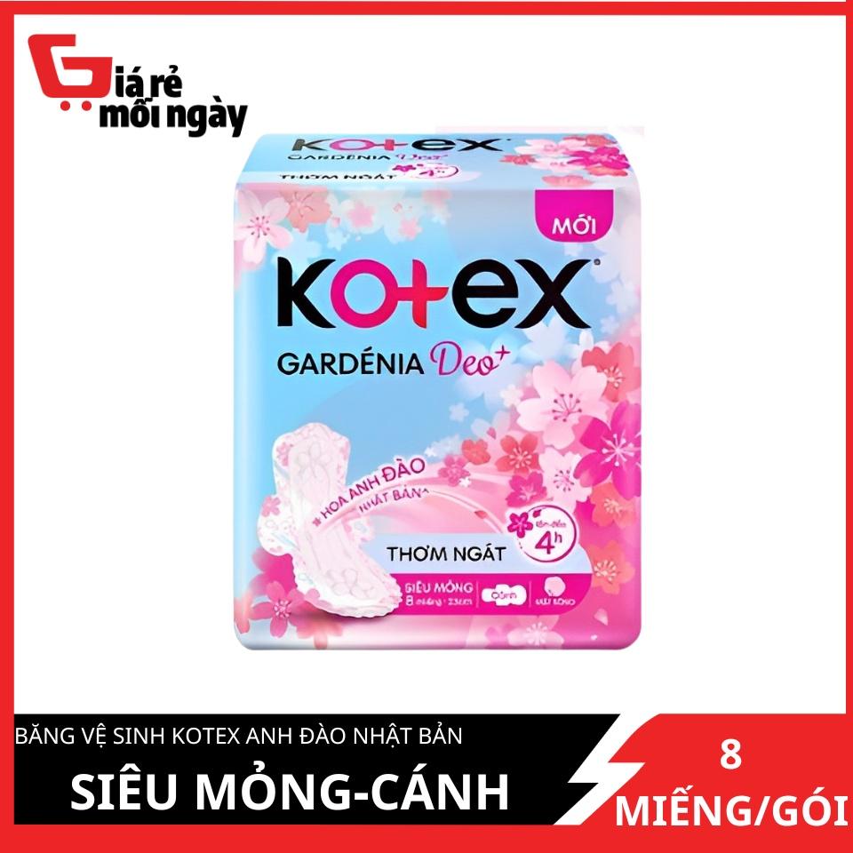 Băng Vệ Sinh Kotex Gardenia Deo + Hương Hoa Anh Đào, Mặt bông, Siêu Mỏng Cánh, Gói 8 Miếng