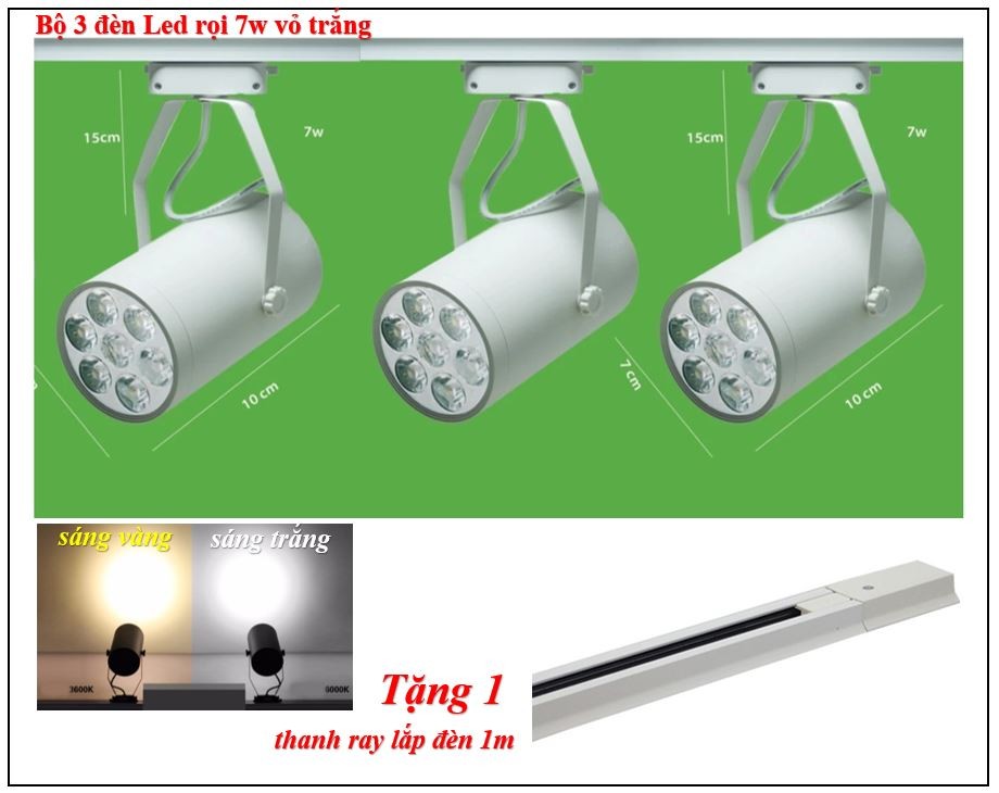 Combo 3 đèn rọi ray + 1 ray 1 mét vỏ trắng tiết kiệm năng lượng