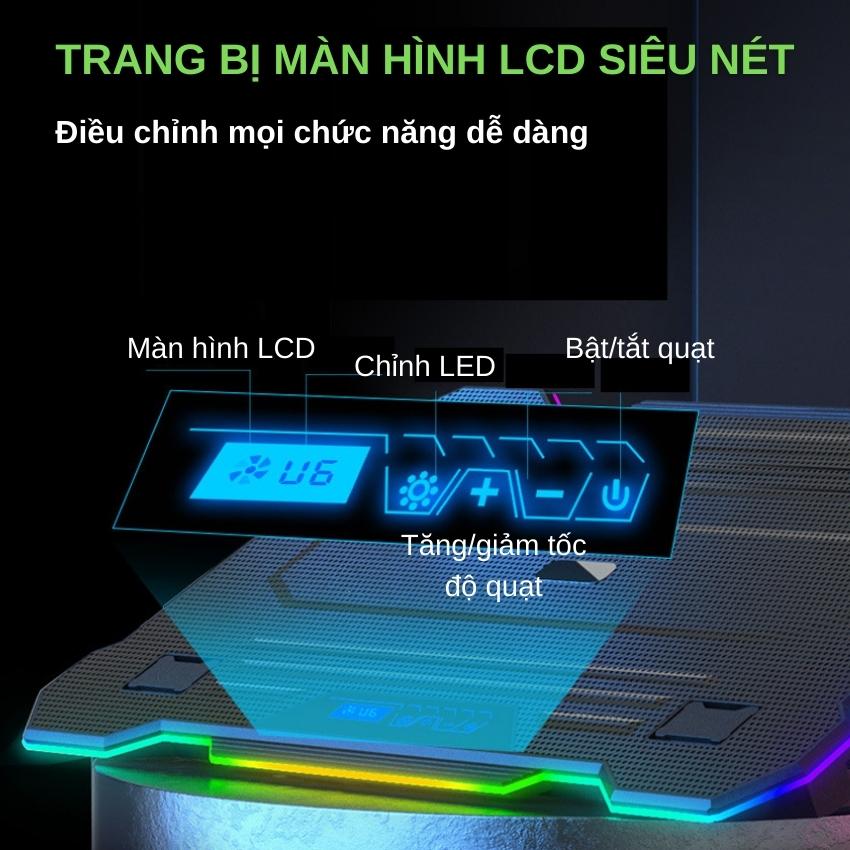 Đế tản nhiệt laptop S103 có 6 quạt làm mát nhanh chống ồn đèn LED RGB điều chỉnh độ cao 6 mức trang bị màn hình LCD giúp tăng hiệu năng bảo vệ máy tính