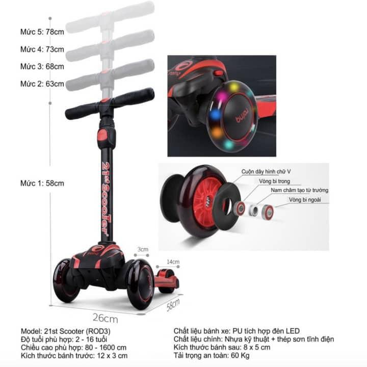 Xe Scooter 21st có giảm xóc, 3 bánh LED sáng cao cấp cho bé