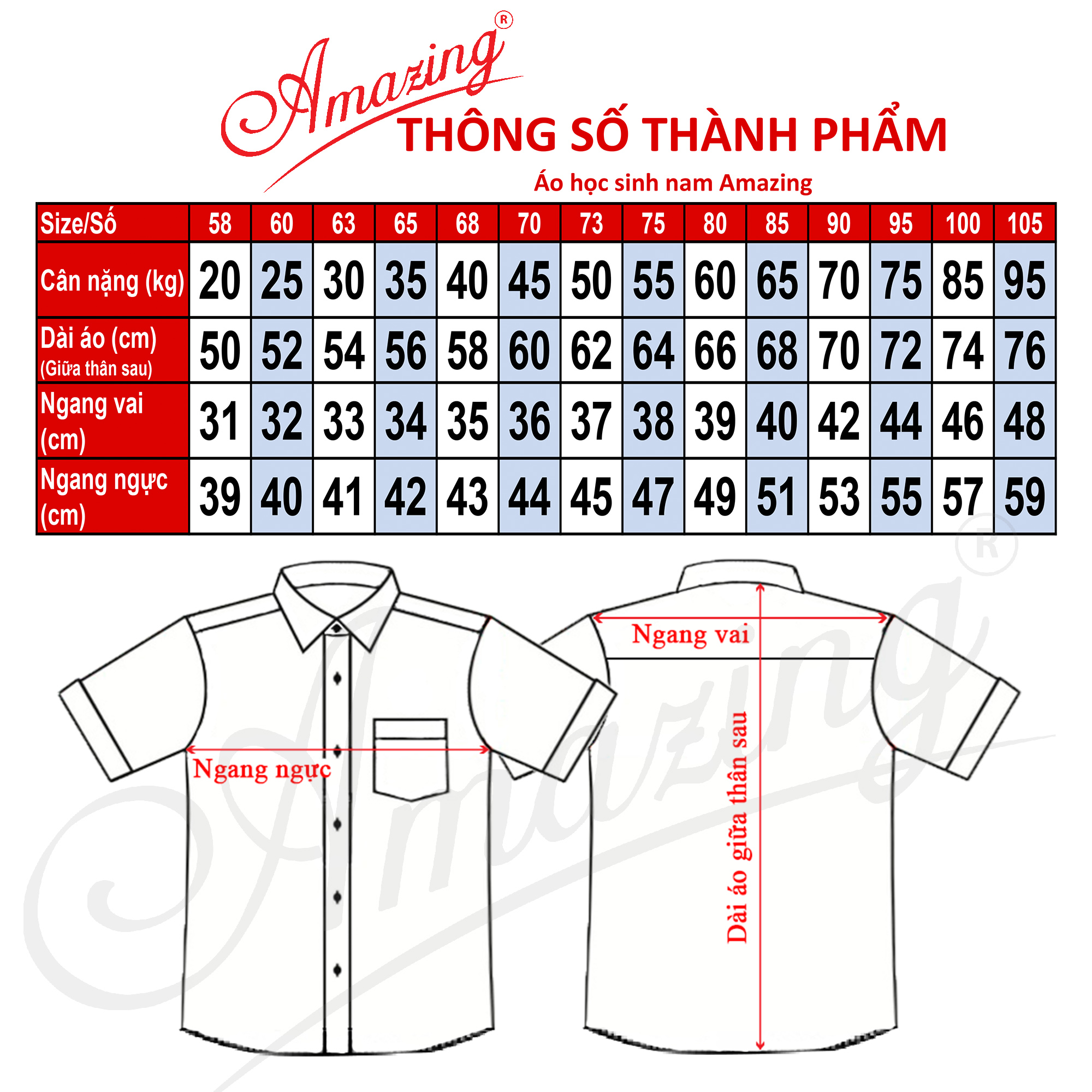 Hình ảnh Áo sơ mi nam màu trắng, tay ngắn, đồng phục học sinh các cấp, size từ 20-95kg, form suông, vạt bầu, thương hiệu Amazing