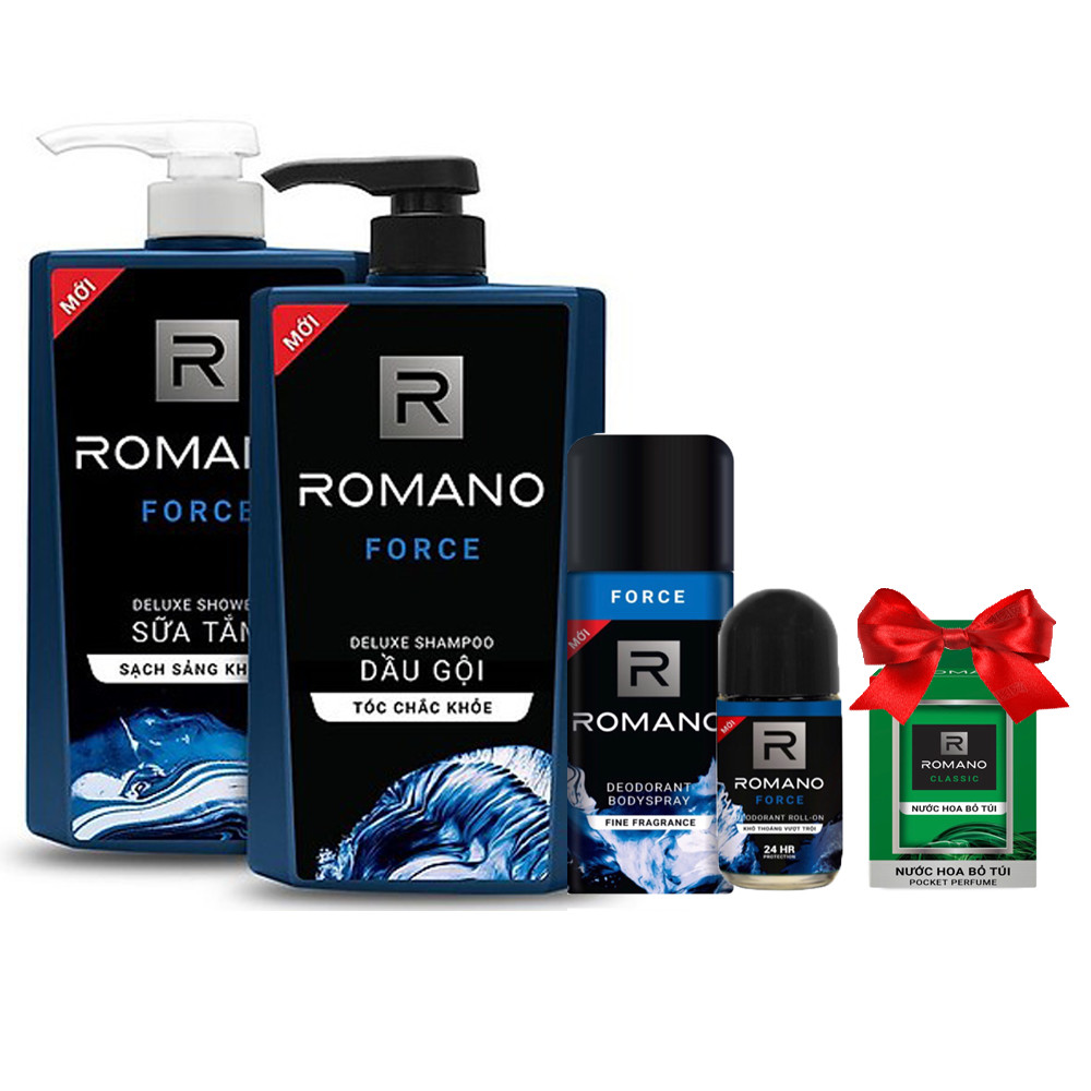 Bộ Romano Force: Dầu gội 650g, sữa tắm 650g, xịt khử mùi 150ml,lăn khử mùi 50ml +Tặng kèm nước hoa bỏ túi 18ml