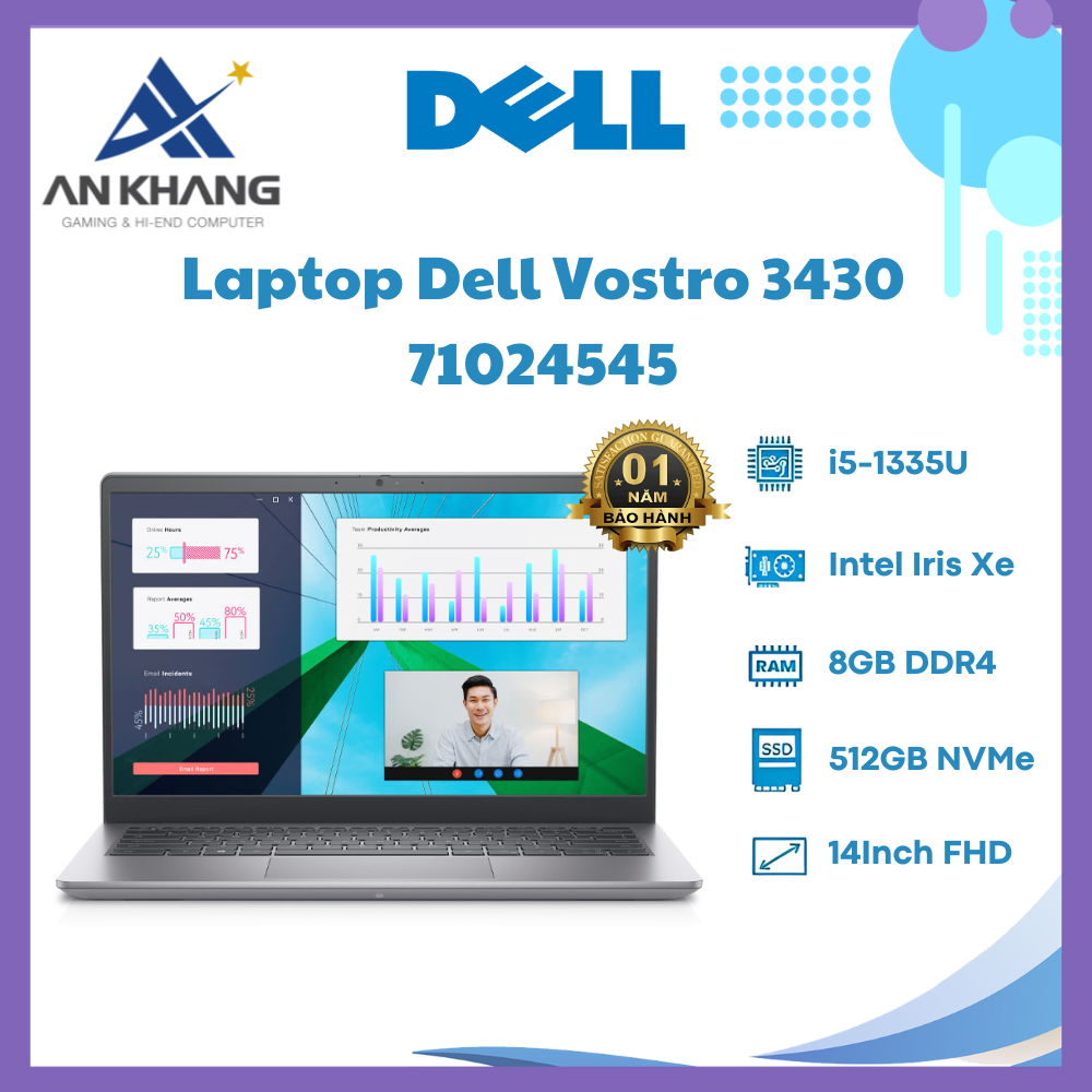 Laptop Dell Vostro 3430 71024545 (Core i5 1335U/ 8GB/ 512GB SSD/ Intel Iris Xe Graphics/ 14.0inch Full HD/ NoOS/ Titan Grey/ 1 Year) - Hàng Chính Hãng - Bảo Hành 12 Tháng