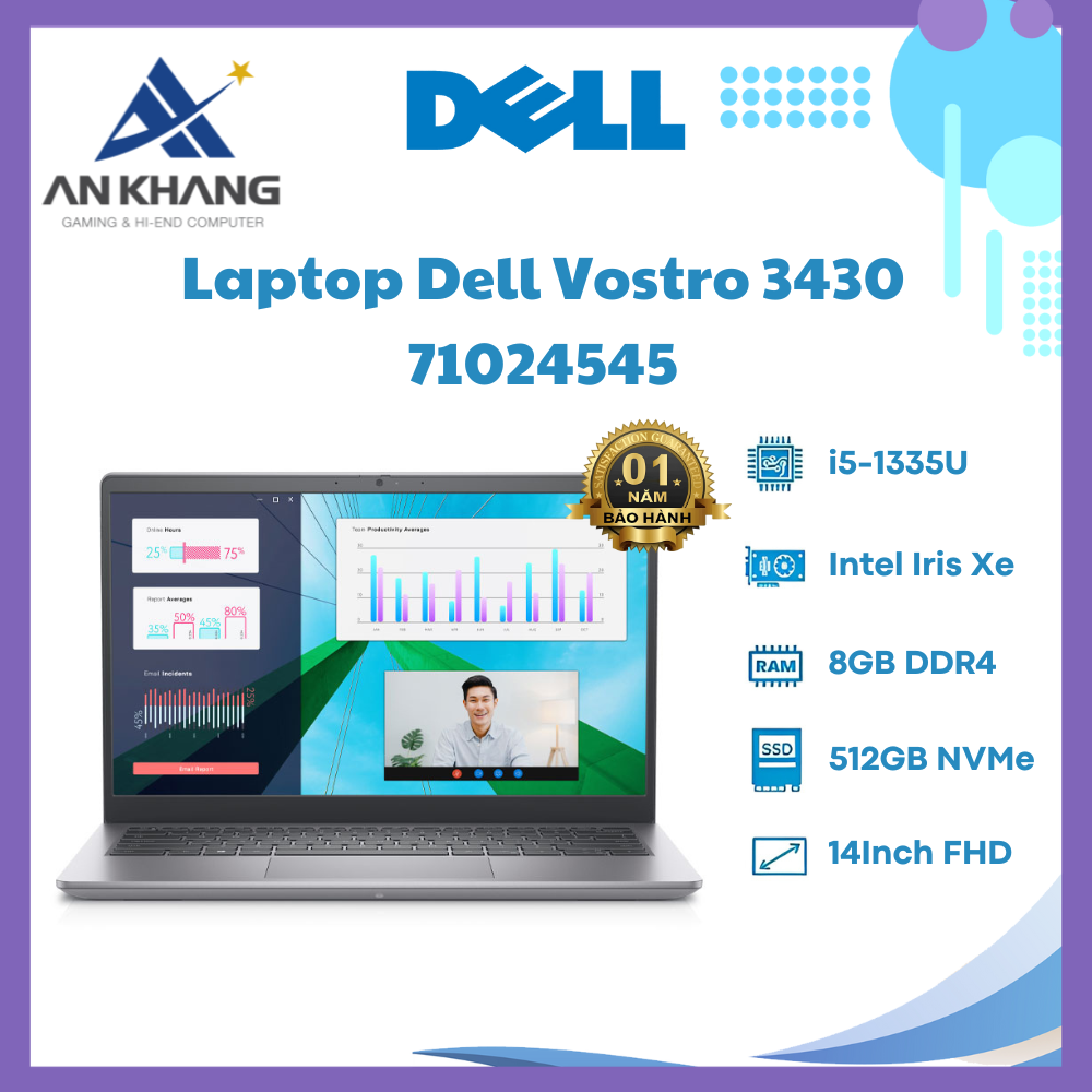 Laptop Dell Vostro 3430 (Core i5 1335U/ 8GB/ 512GB SSD/ Intel Iris Xe Graphics/ 14.0inch Full HD/ NoOS/ Titan Grey/ 1 Year) - Hàng Chính Hãng - Bảo Hành 12 Tháng