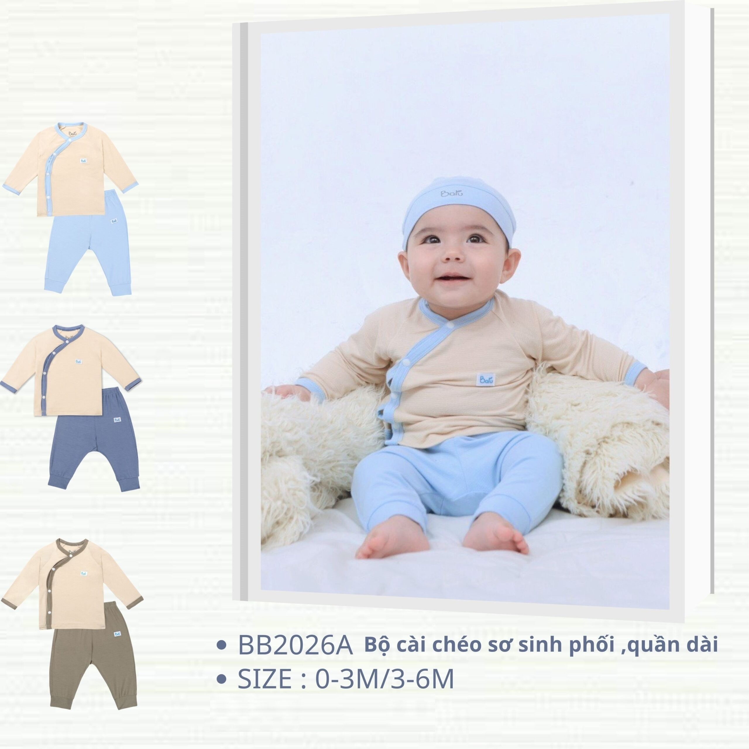 Bộ cài chéo sơ sinh  BARU phối quần dài,hàng thu đông chất đẹp, cotton 100%, bộ cho bé sơ sinh ( 0-6m )