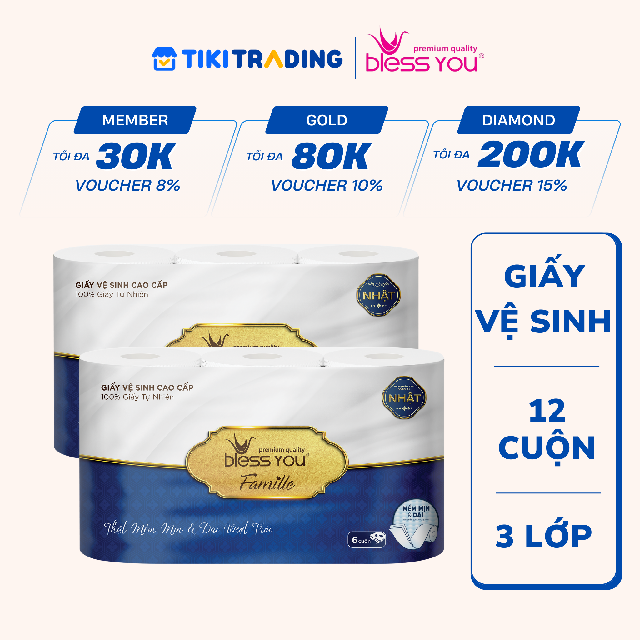 Combo 2 Lốc Giấy Cuộn Vệ Sinh Bless You Famille 3 Lớp (Lốc 6 Cuộn)
