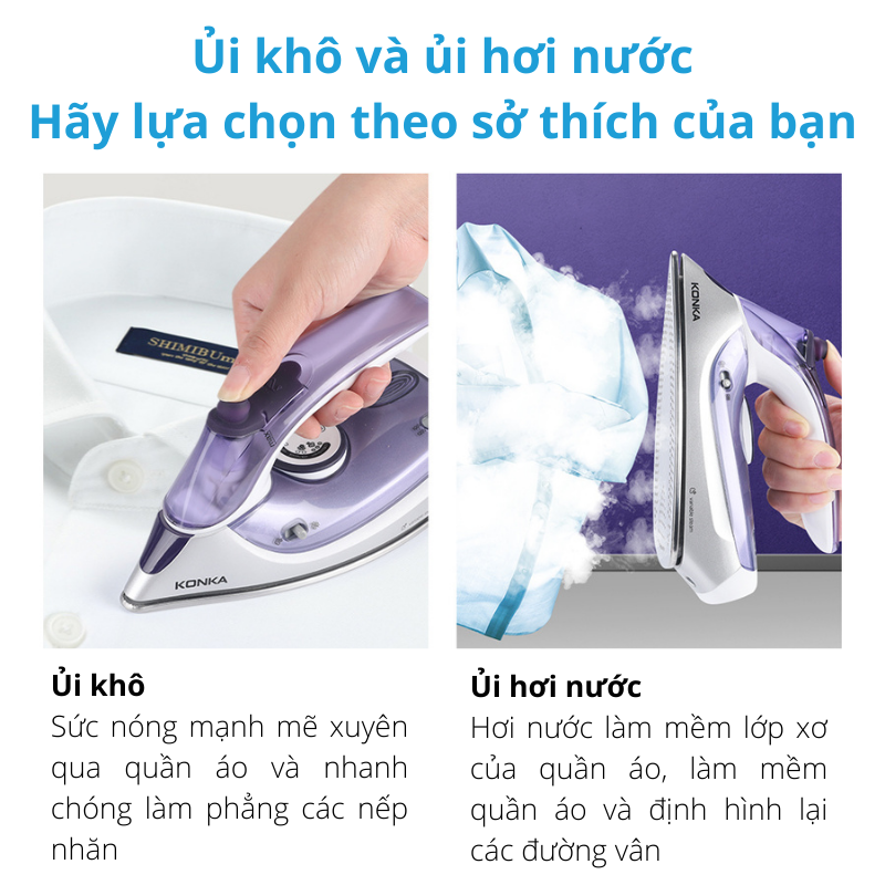 Bàn Ủi Hơi Nước Và Ủi Khô Đế Thép Không Gỉ Chống Dính 1100W KONKA KG-ES02 (WE)