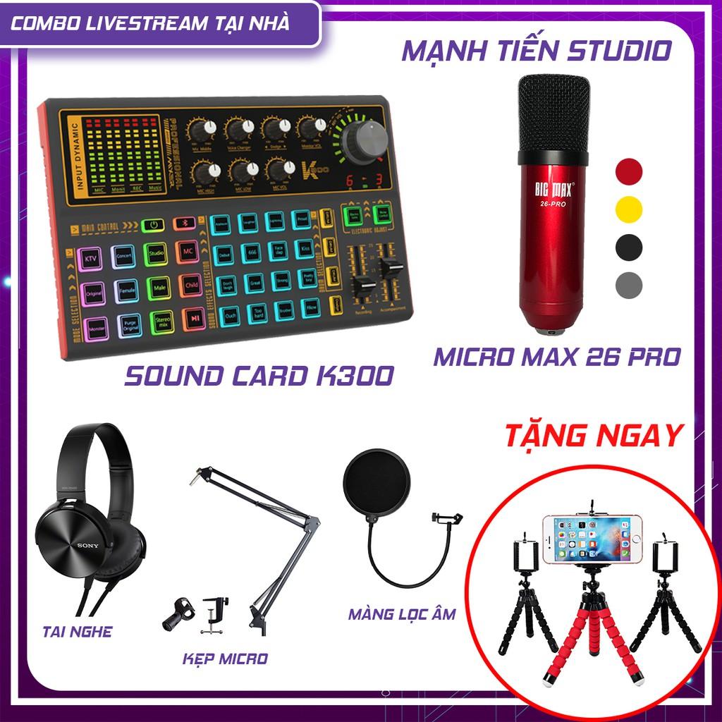 combo micro Big max 26 pro + sound card K3000 thu âm livestream karaoke chân kẹp míc, màng lọc âm tai nghe kẹp bạch tuộc