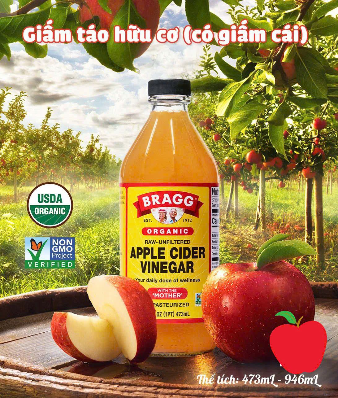 Giấm Táo Hữu Cơ Bragg Chai 473ml - Có Giấm Cái Hỗ Trợ Giảm Cân, Detox Cơ Thể, Nhập Khẩu Chính Hãng Từ Mỹ