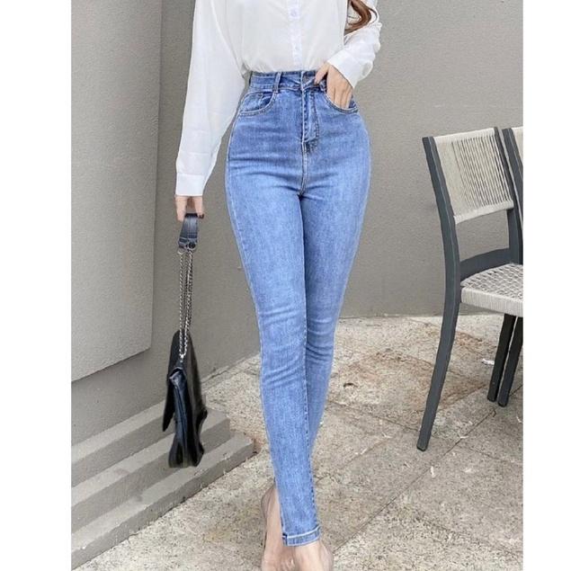 Quần jean nữ lưng cao co giản có túi, quần bò cạp cao skinny jeans bigsize trơn dài basic